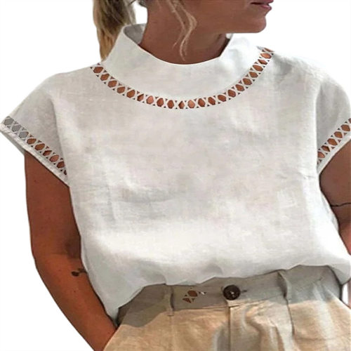 Station Women's Solid lor Hollow Casual High llar Linen Lace