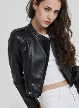 2026 Women's Short Slim Stand llar Women's Motorcycle Jacket
