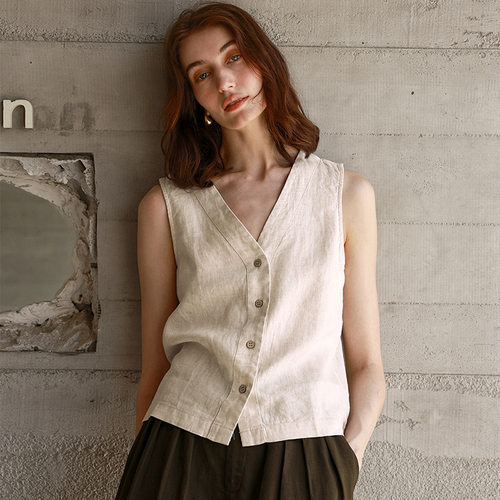 Pure Linen Vest Women's French Relaxation Niche V-neck Sleev