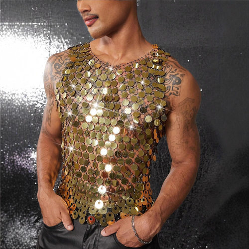 Sexy Men's Hollow Vest Rhinestone Perspective Night Shop Par