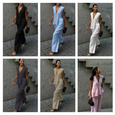 101250.00g-piece tton V-neck Sleeveless Vest Wide-leg Pants