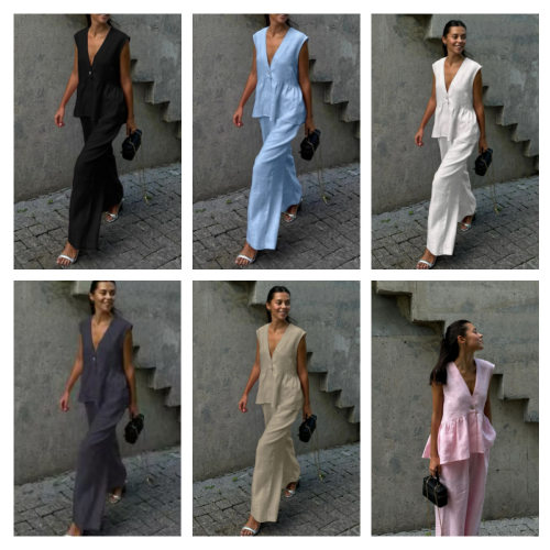 101250.00g-piece tton V-neck Sleeveless Vest Wide-leg Pants