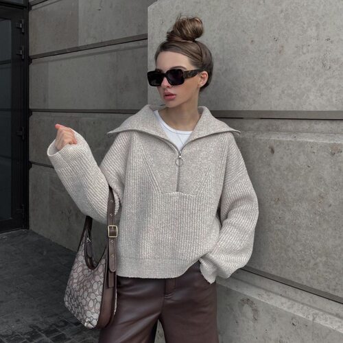 2026 Retro Loose Design Lapel V-neck Pullover Women's Sweate