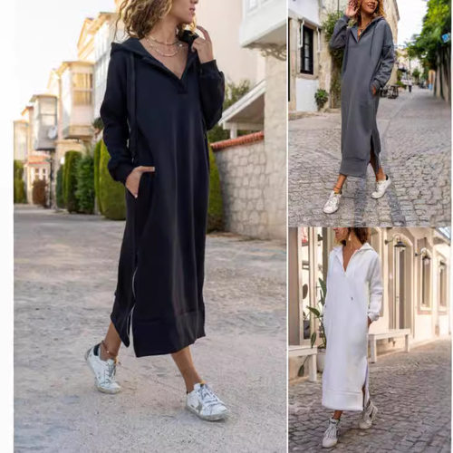 Loose Large Size Knitted Hooded Dress Fleece-lined Casual Fa