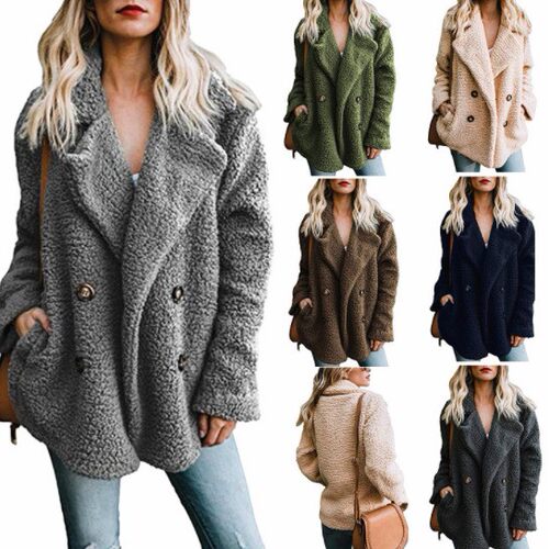 Platform Women's Plush Button Lapel Pocket Solid lor Jacket