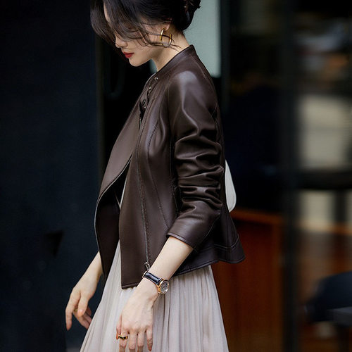 Haining Genuine Leather Women's 2026 Stand llar Fashion Slim