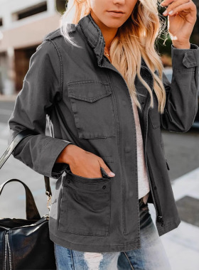Women's Fashion Loose Zipper Multi-pocket Lapel Jacket Hoode