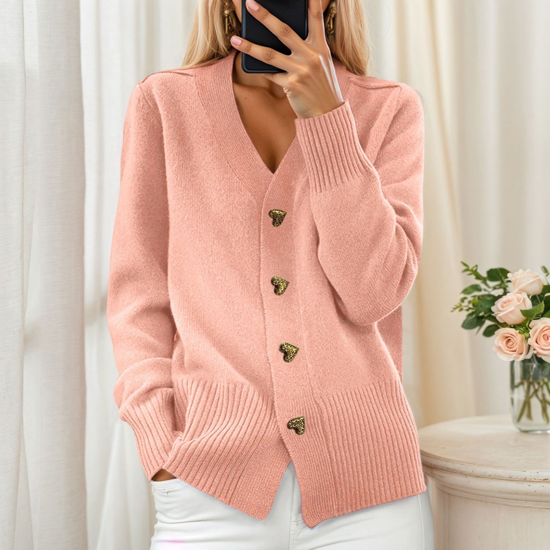 Women's Solid lor V-neck Knitted Cardigan Women's Loving-bre