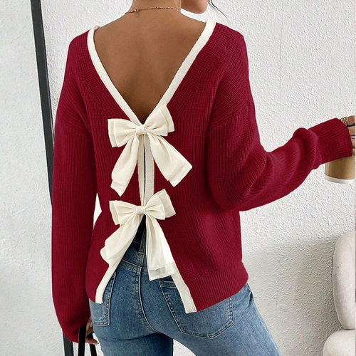 Women's Fashion Back Bow Decorative Round Neck Pullover Swea