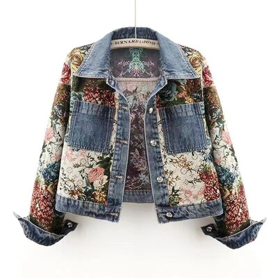 2026 Versatile Printed Patchwork Lapel Denim Jacket Women's
