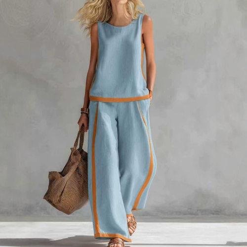 2026 Style Sleeveless ntrast lor Wide Leg Pants Set Women's