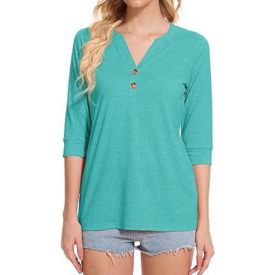Women's ops 3/4 Sleeve V Neck Button Shirt Business And Casu