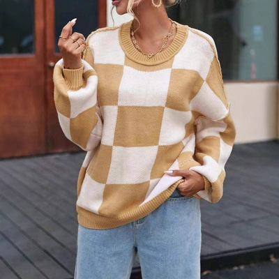 Clothes Women's Sweater Checkered Elements Round Neck Loose