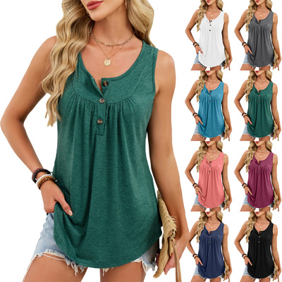 2026 Women's Solid lor Crewneck Button T-shirt Sleeveless Ve