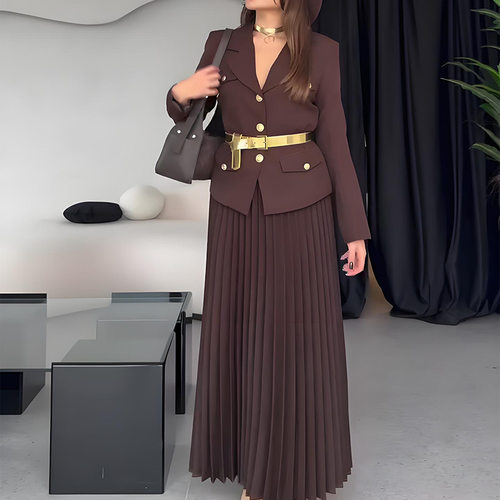 Ready Stock Women's 2025 Button Jacket Pleated Skirt Tempera