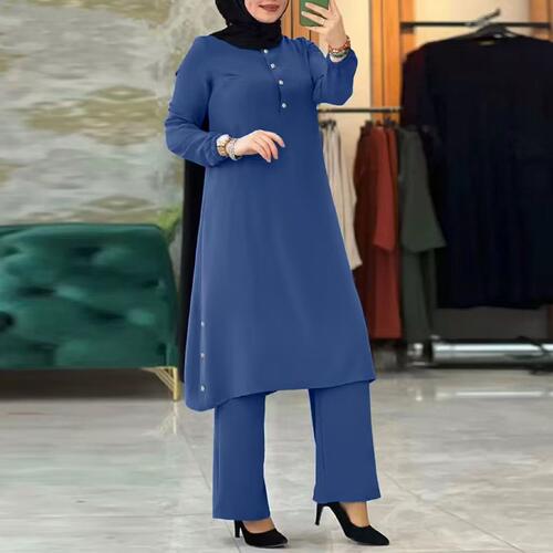 2025 Women's Round Neck Placket Puff Sleeves Side Seam Decor