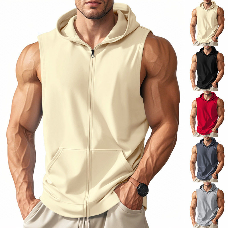 Men's Hooded Zipper Solid lor Pocket Fitness Sports Simple B图片