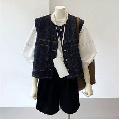 Hong Kong Style Retro Layering Outer Slim Denim Vest For Wom