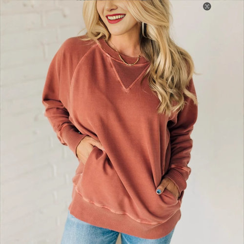 In Stock Women's Rib Decorative Pocket Pullover Loose
