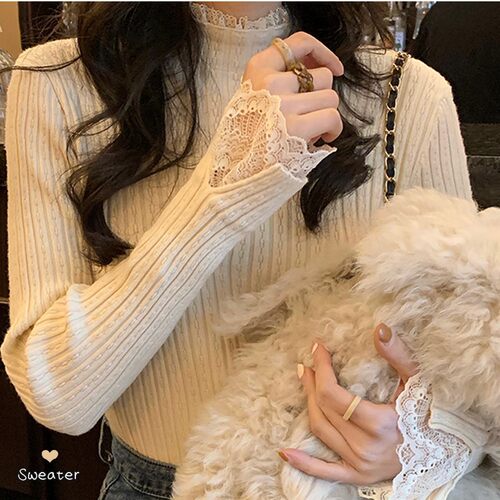 French Splicing Lace Inner Sweater For Women Slimming Half T