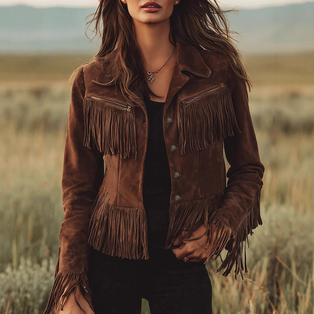 Women's Brown Retro Tassel Faux Suede Women's Jacket图片