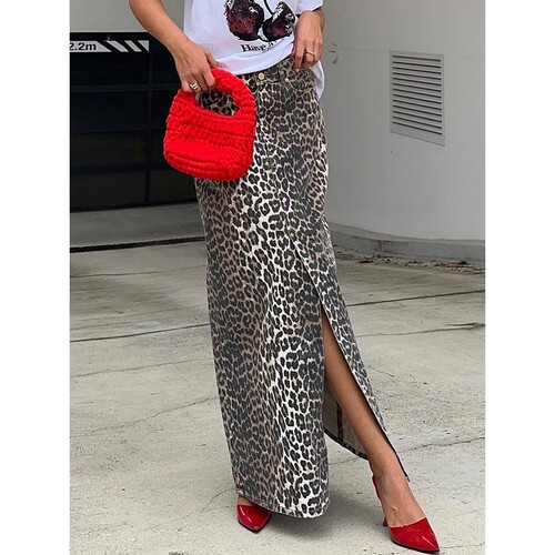 通勤风纯棉豹纹直筒及踝半身裙