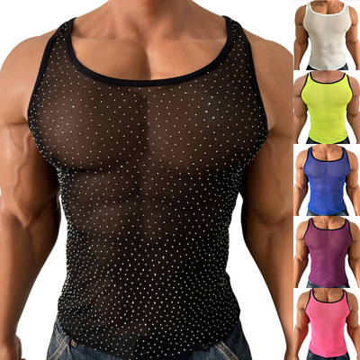 Flash Diamond Sexy Men's T-shirt Half-section Vest Transpare