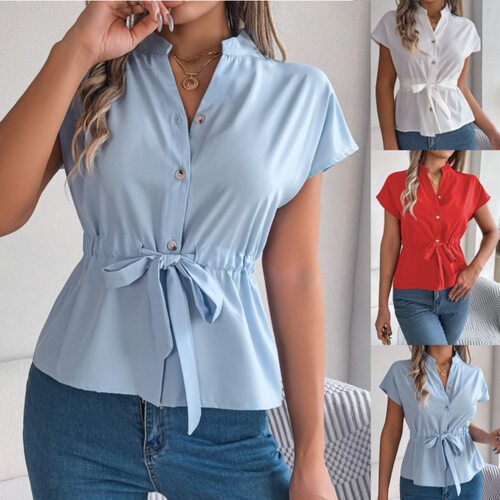 2026 Short-sleeved Chiffon V-neck Button Elegant Waistband W