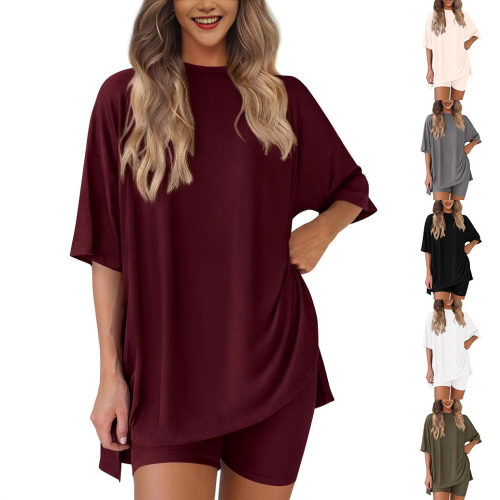 2026 Round Neck Loose Solid lor Casual Short Sleeve Shorts T