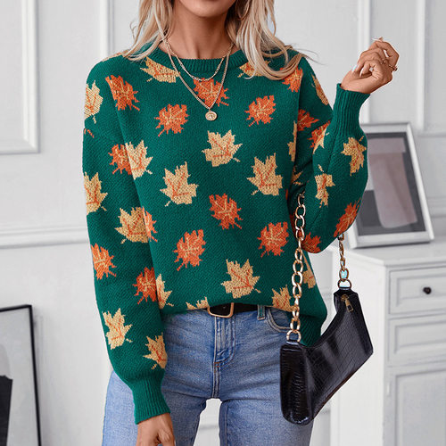 Women's 2026 Maple Leaf Pattern Jacquard Casual Pullover Swe