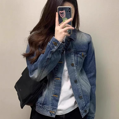 American Retro Old Denim Jacket Women's Loose Lazy Chic Smal