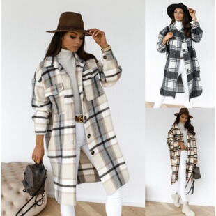 Women's Plaid Printed Mid-length Woolen Jacket Women's Fashi