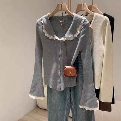 Lace Splicing Lace llar Knitted Cardigan For Women With Wind