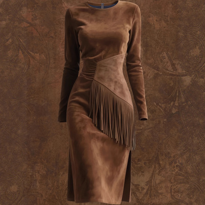 Women's Retro Western Round Neck Slim Fit Tassel Suede