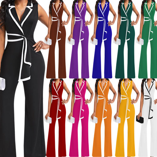 M3219 Women's Fashionable V-neck Elegant Sleeveless Wide-leg