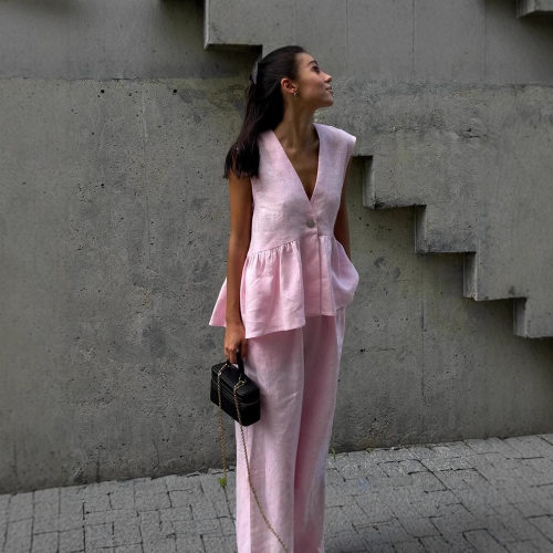 2025 tton V-neck Sleeveless Vest Pants Suit Women's Solid lo