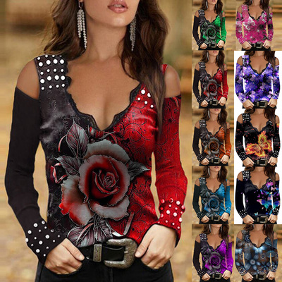 2026 Station Sexy Printed V-neck Lace Shoulder T-shirt