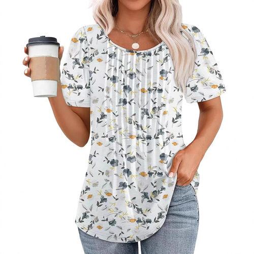 2026 Women Crewneck Pleated Short Sleeve Printed Tee