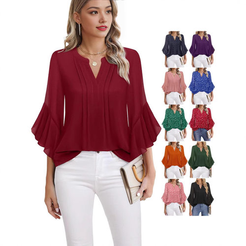 Lotus Leaf Sleeve Solid Color Fashion Casual Loose V-neck Bu