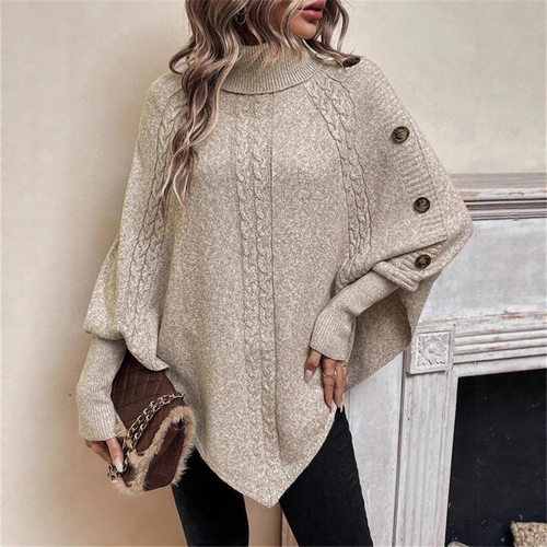 Cable Women's Fashion High llar Button Decorated Bat Shirt