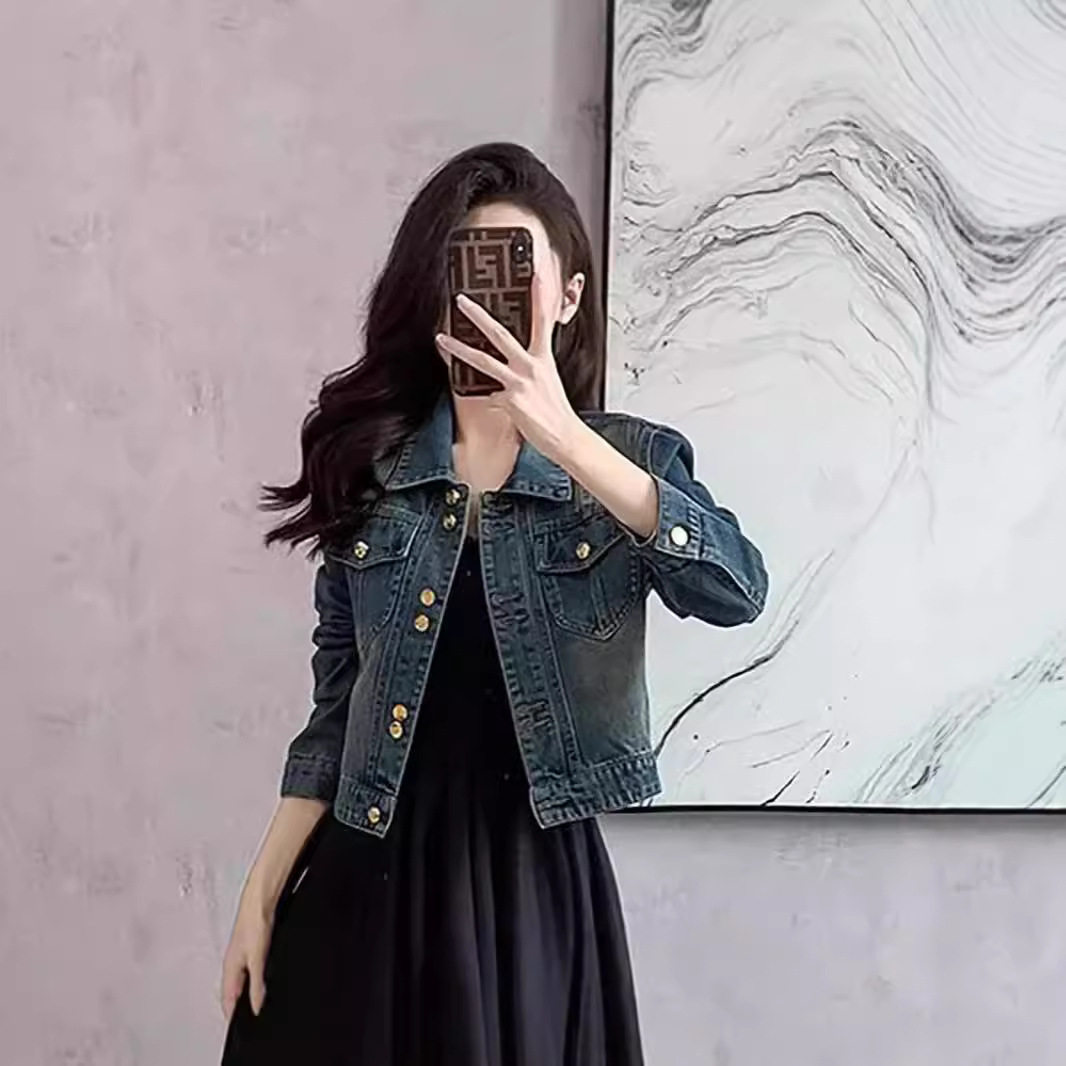 Retro Shoulder Denim Jacket For Women 2026 Early Small Casua图片