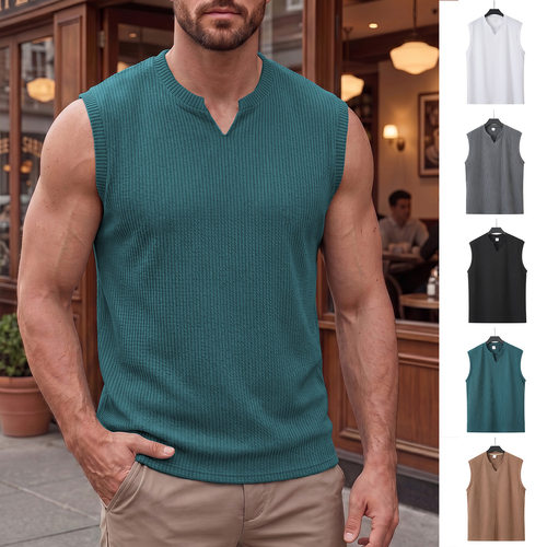 Knitted Vertical Stripe Sports Slim Vest Men's V-neck Wide S
