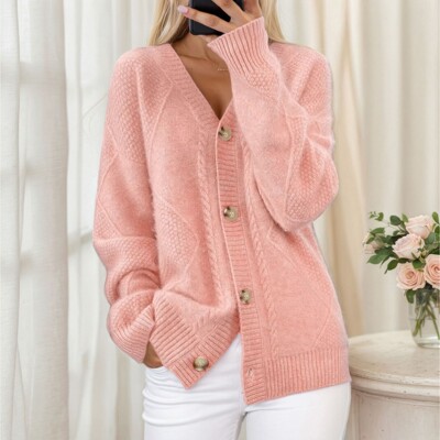 2026 Solid-color V-neck Knitted Cardigan With Buttoned Plack