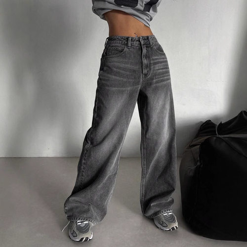 American Sreet Retro Smoky Gray Washed Wide-legged Women's V