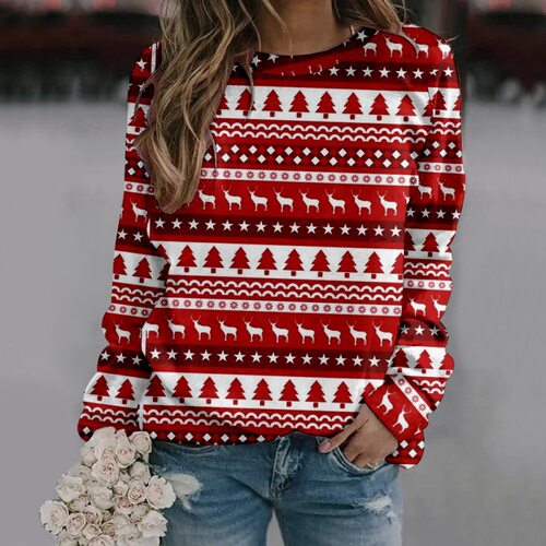 Women's 2026 Crewneck Large Size Creative Christmas Print