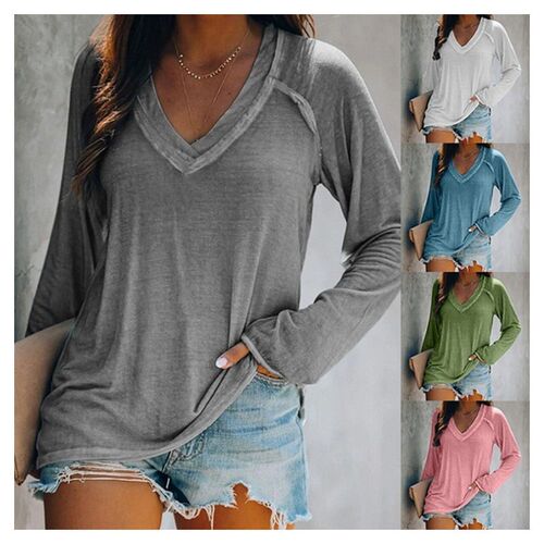 2026 Solid lor V-neck Stitching Casual Large Size T-shirt Wo