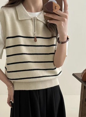 llege Style Half Zip Striped Lassel Knitted Vest For Women 2