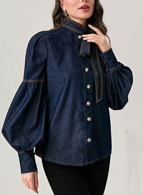 Feng 2026 Women's Fashion Lace-up Bow Denim Shirt