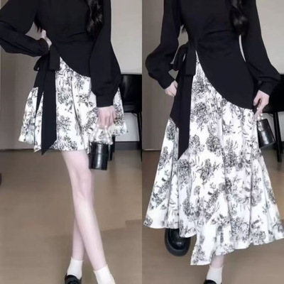New Chinese Style Ink Flower Stitching Slim Design Feeling W