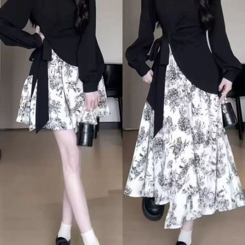New Chinese Style Ink Flower Stitching Slim Design Feeling W